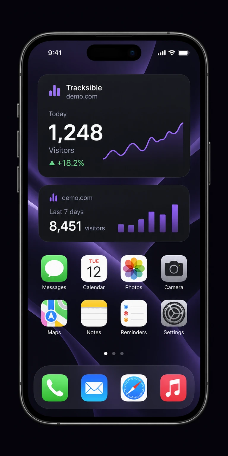 Tracksible Pro home screen widgets showing recent visitor snapshots